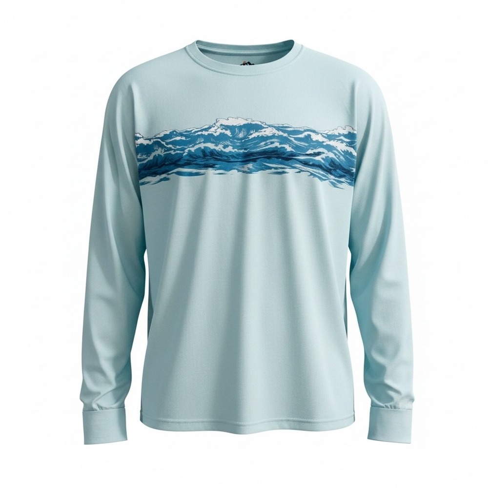 Mountain and Isles Mens XXL Light Blue Ocean Wave Graphic Long Sleeve Shirt